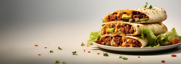 Burritos owinięte wołowiną i warzywami na jasnym tle Beef burrito meksykańskie jedzenie Pyszne