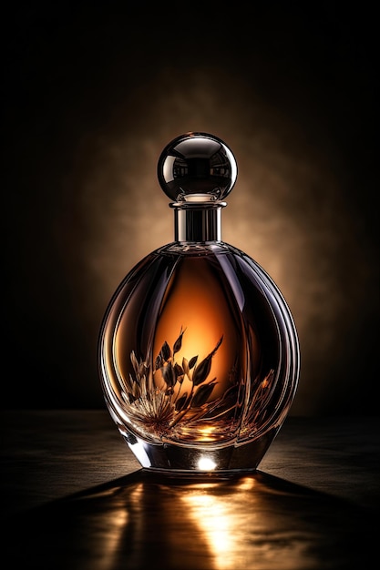 Bursztynowa butelka perfum na czarnym tle z oświetleniem z tyłu wygenerowanym przez AI