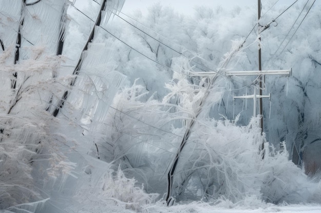 Burza lodowa z drzewami i liniami energetycznymi pokrytymi grubą warstwą lodu stworzona za pomocą generatywnej sztucznej inteligencji