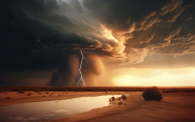 Zdjęcie burza nad pustynią z ciemną chmurą i błyskawicą