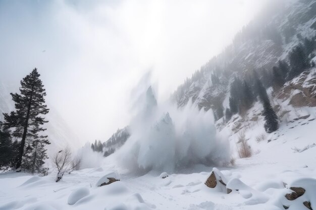 Zdjęcie burza śnieżna z obfitymi opadami śniegu powodująca lawiny spadające z góry