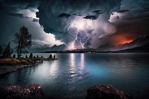 Burza szalejąca na jeziorze podczas dramatycznej burzy w wieczornej generatywnej ai