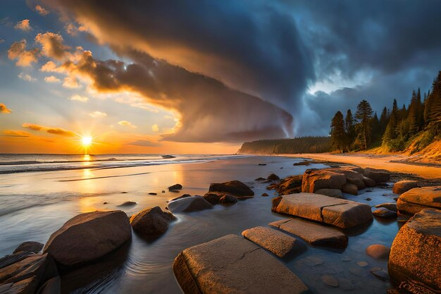 Burza toczy się nad plażą o zachodzie słońca.