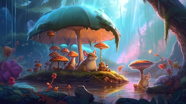 Burza z grupą zwierząt leśnych, które schroniły się pod grzybem Koncepcja fantasy Malowanie ilustracji