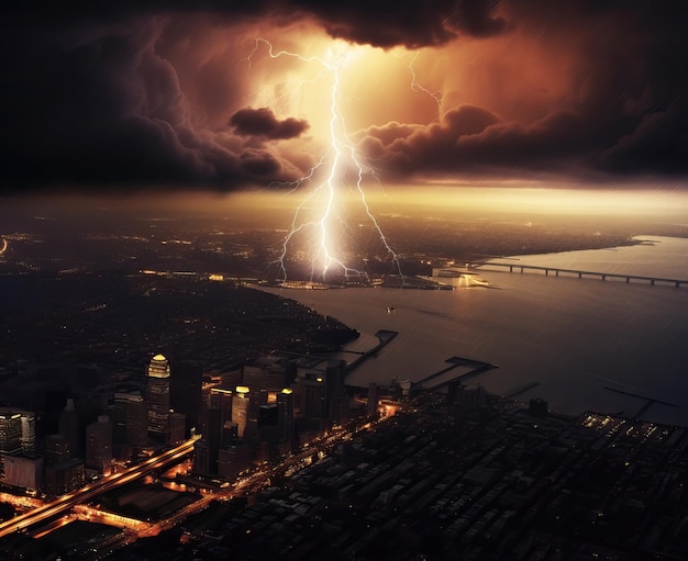 Burza z piorunami nad miastem Thunderbolt w nocnym krajobrazie miasta Generative Ai