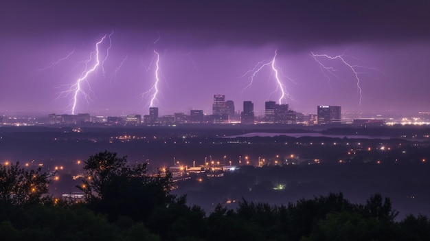 Burza z piorunami nad miastem w fioletowym świetle