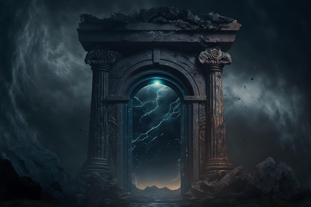Burza z piorunami okrągły portal brama do innego świata Chmury na niebie nad bramą świecące przejście
