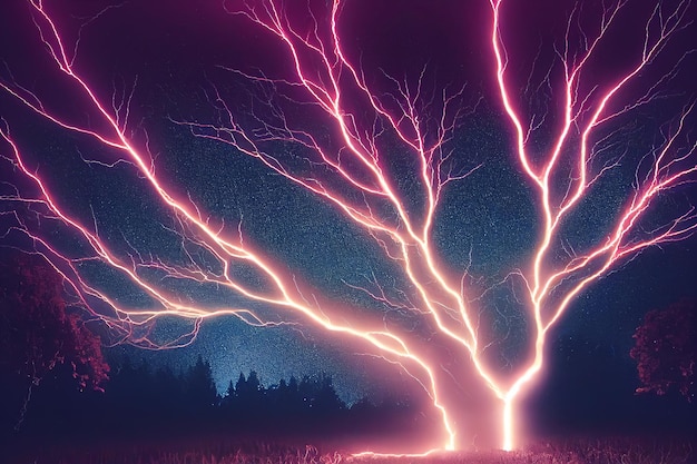 Burza z piorunami przechodząca przez drzewo w fioletowym świetle