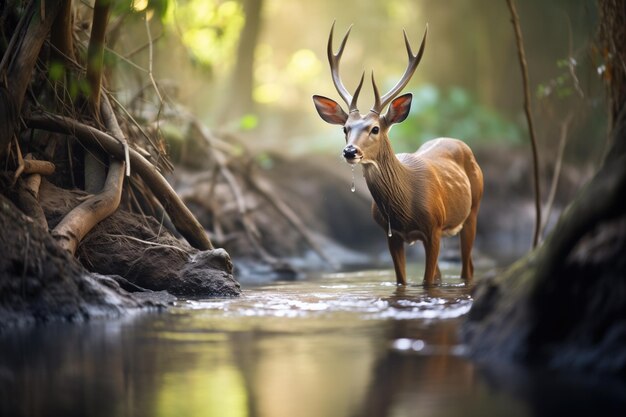 Bushbuck pijący z leśnego strumienia