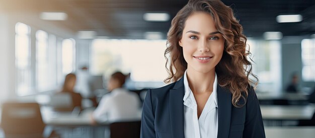 Businesswoman nowoczesnego pakietu office z miejsca na kopię uśmiecha się