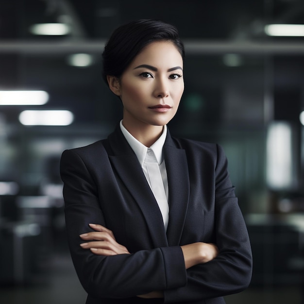Businesswoman w nowoczesnym biurze, stojąca ze skrzyżowanymi ramionami Generative AI image