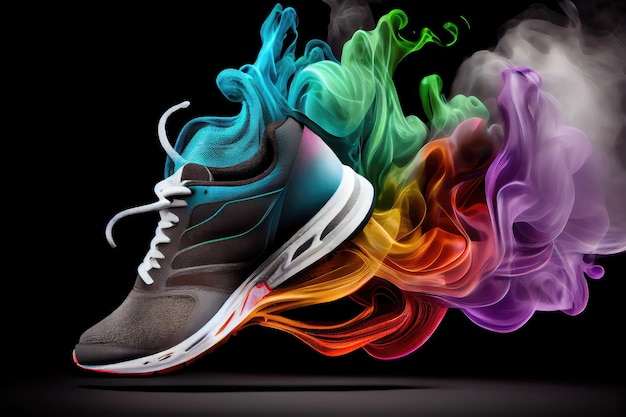 Zdjęcie but sportowy z magicznym kolorowym dymem latającym przez czarno-białe tło