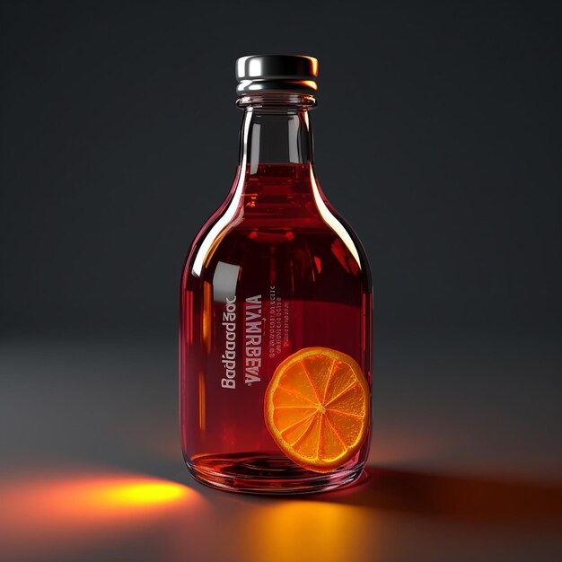 Butelka alkoholu z kawałkiem pomarańczy na górze.