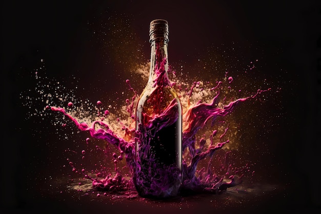 Butelka atramentu do wina eksploduje jako koncepcja winiarni otwierającej świętowanie podniecenia jako plusk płynnego alkoholu