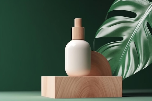 Butelka białego balsamu stoi na drewnianym pudełku z zieloną rośliną za nią.