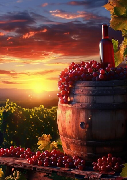 Butelka białego wina obok drewnianych winogron w beczkach przy zachodzie słońca w winnicy