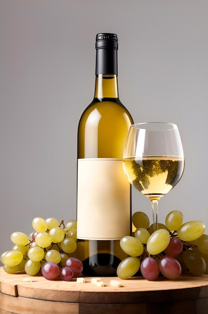 butelka białego wina z winogronami i serem wokół niego na szczycie beczki z białym