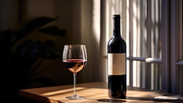 butelka czerwonego wina gronowego i szkło na stole generatywnym ai