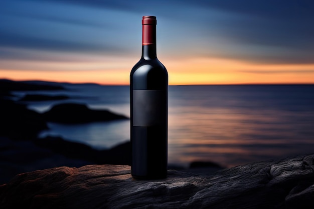 Butelka czerwonego wina na plaży Ocean Bottle wina Mockup na Rocky Shore Dark Blue Sky Sunset