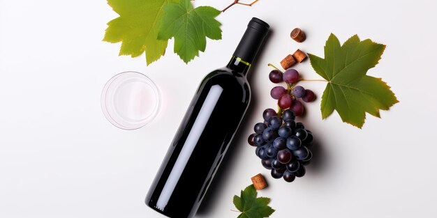 Butelka czerwonego wina z dojrzałymi winogronami i liśćmi winorośli na tle