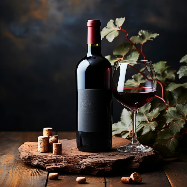 Butelka czerwonego wina z kieliszkiem czerwonego wina na drewnianej beczce i butelka czerwonego wina generatywnego ai