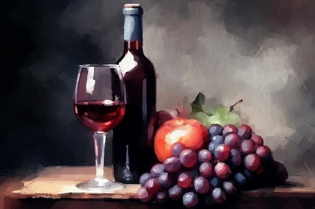 Butelka czerwonego wina ze szklanką i wiązką winogron, martwe życie namalowane akwarelami