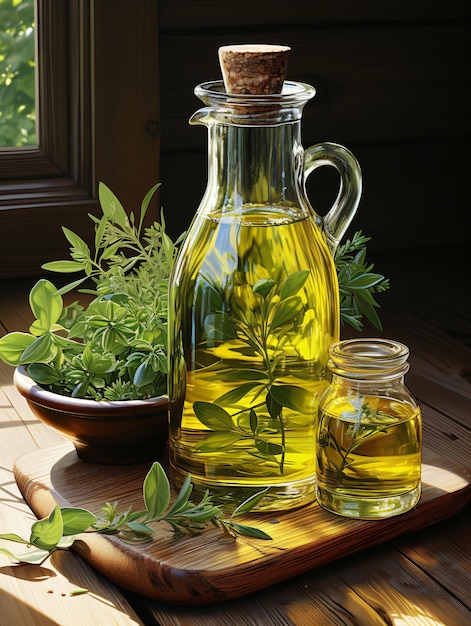 Butelka ekologicznej oliwy z oliwek wystawiona na drewnianym stole