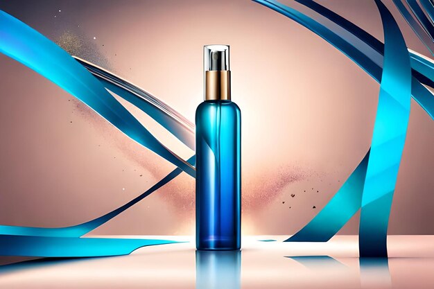 Butelka esencji szablonu reklam kosmetycznych z niebieską wstążką i elementami brokatu w tle