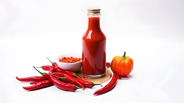 Zdjęcie butelka gorącego sosu z wieloma czerwonymi paprykami chili odizolowanymi na białym tle