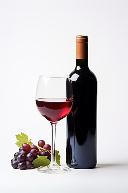 Zdjęcie butelka i kieliszek czerwonego wina z dojrzałymi winogronami na białym tle