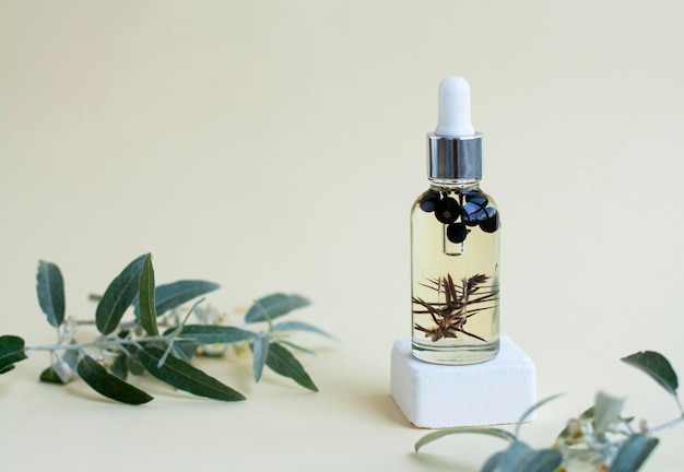 Butelka kosmetyczna z olejkiem do ciała stoi na wzniesieniu otoczona świeżymi liśćmi