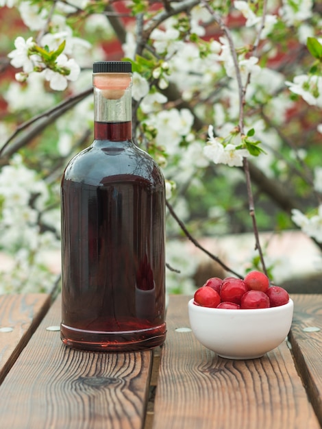 Butelka likieru wiśniowego i mrożone owoce wiśni kwitnącego drzewa. Domowy alkohol z jagód wiśni.