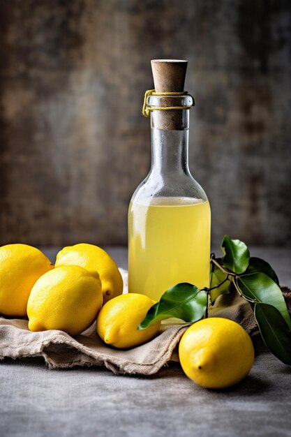 Butelka Limoncello I Cytryna Na Jasnym, Wiejskim Tle Likier Cytrynowy