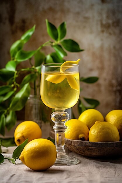 Zdjęcie butelka limoncello i cytryna na jasnym, wiejskim tle likier cytrynowy