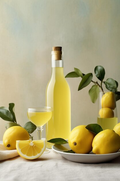 Zdjęcie butelka limoncello i cytryna na jasnym, wiejskim tle likier cytrynowy