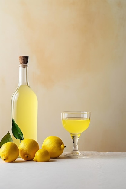 Zdjęcie butelka limoncello i cytryna na jasnym, wiejskim tle likier cytrynowy