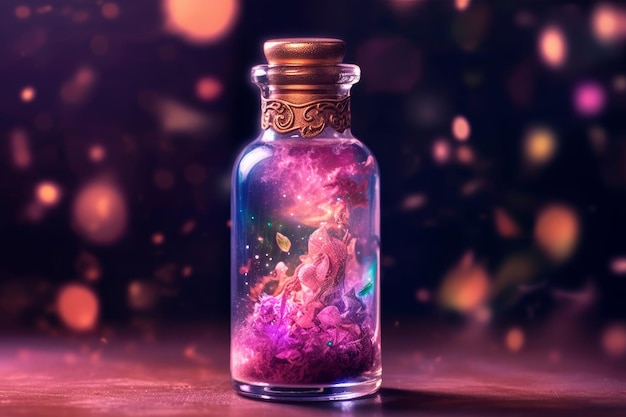 Butelka magii w butelce z kolorowym wzorem na spodzie.