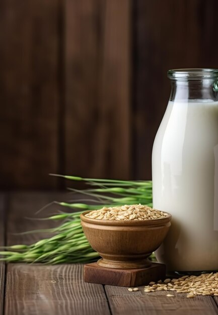 Zdjęcie butelka mleka i szklanka dzbanek mleka ryżowego z rośliną ryżu i generatywną ai nasion ryżu