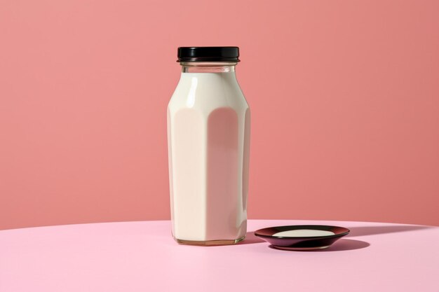 Butelka mleka z czarną nakrętką stoi na stole