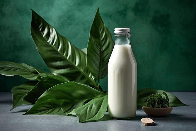 Butelka mleka z zielonym liściem obok