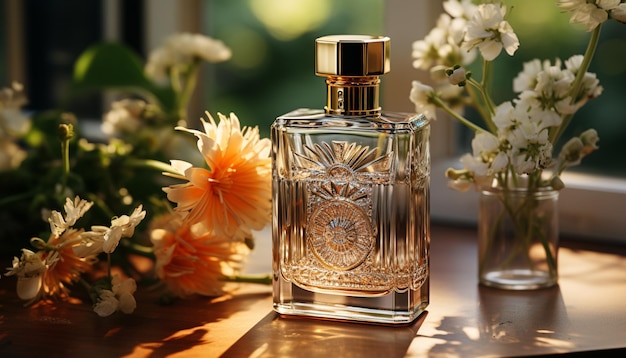 Butelka na perfumy kwiatowe, piękno natury w pachnącej elegancji generowanej przez sztuczną inteligencję