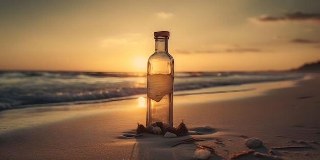 Butelka na plaży z muszlą w tle