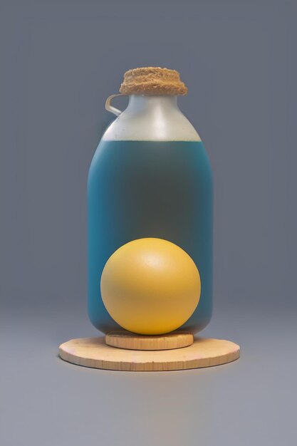 Butelka niebieskiego płynu stoi na drewnianej podstawie z żółtą kulą pośrodku.