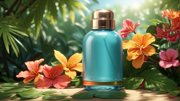 butelka niebieskiej perfumy z pomarańczowymi kwiatami na tle