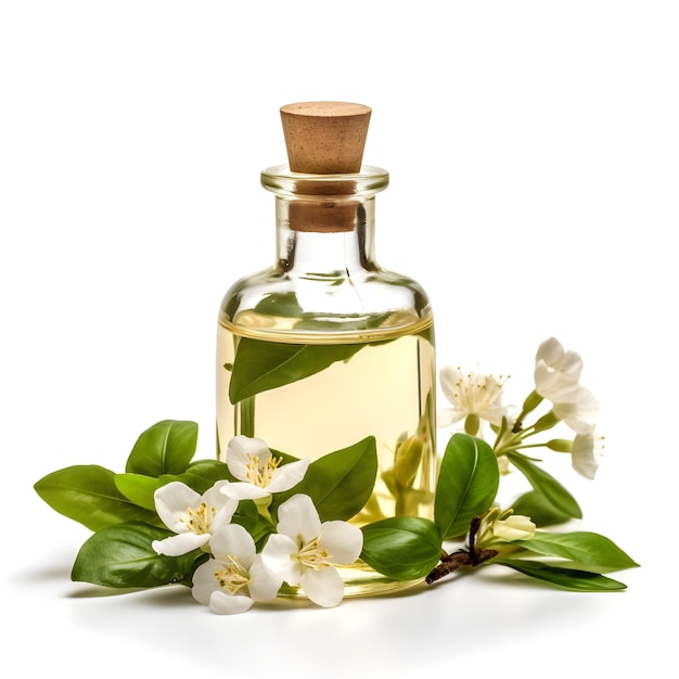 Zdjęcie butelka oleju z białymi kwiatami i liśćmi