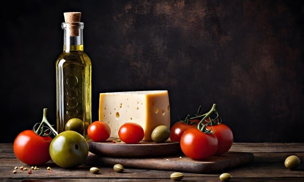 Butelka oleju z oliwek serowych i pomidorów na drewnianym stole Fotografia koncepcyjna żywności Generatywna sztuczna inteligencja