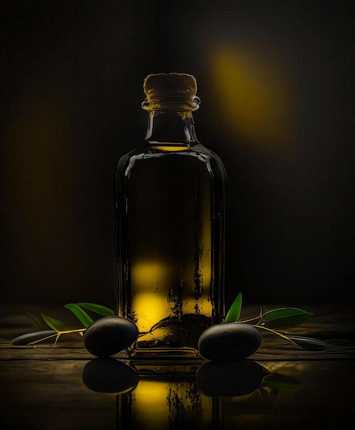 Butelka oliwy z oliwą z korkową czapką na stole z ciemnym tłem i kilka oliwek na stole