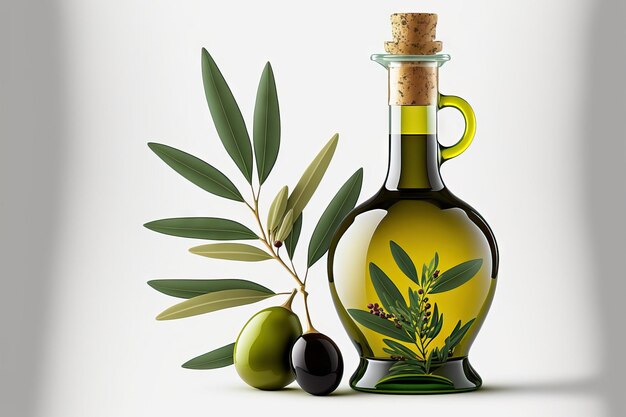 Butelka oliwy z oliwek i oddział na białym tle