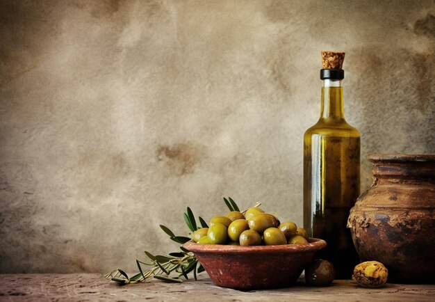 Zdjęcie butelka oliwy z oliwek i oliwek na jasnym, wiejskim i kamiennym tle olej z oliwek do gotowania