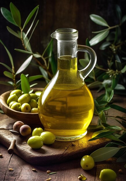 Zdjęcie butelka oliwy z oliwek i oliwek na jasnym, wiejskim i kamiennym tle olej z oliwek do gotowania
